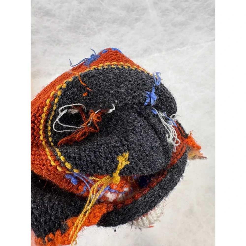 Vintage Hand Knit Kids Chullo Hat‎ Earflaps Tassels Folk Art House Bird Orange